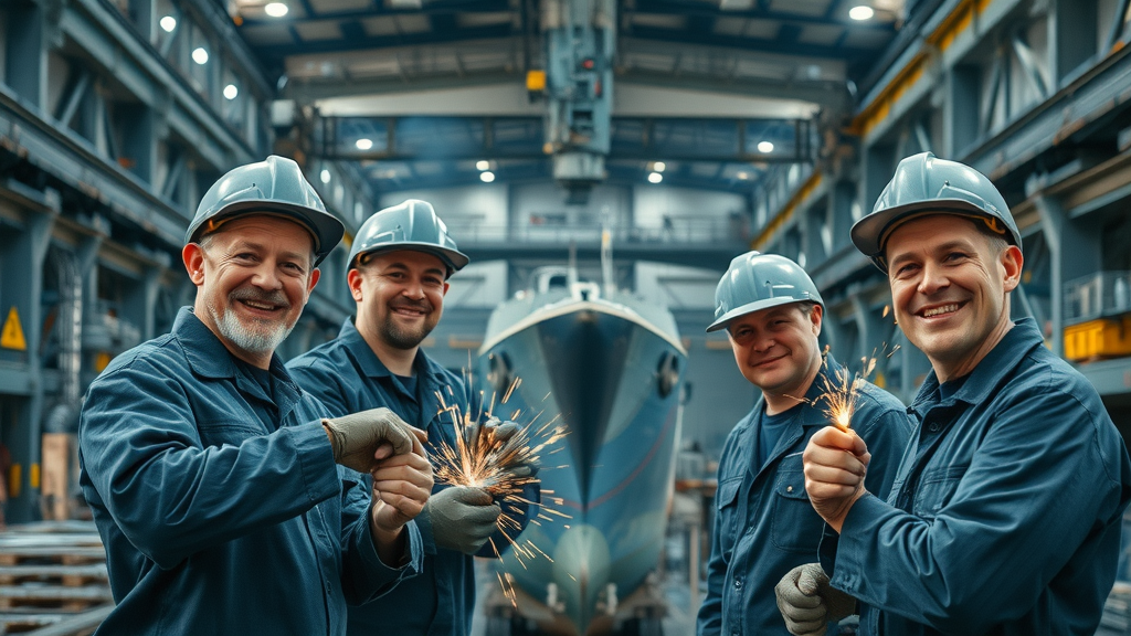 Proud Bollinger shipbuilders assembling a military vessel, modern facility, welding, industrial environment, blue-gray hues, precise teamwork