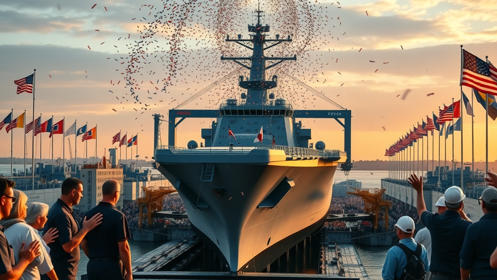 Historic Ingalls Shipbuilding moment, launching a warship with celebratory expressions, crowd and flags, Pascagoula waterfront, golden hour lighting