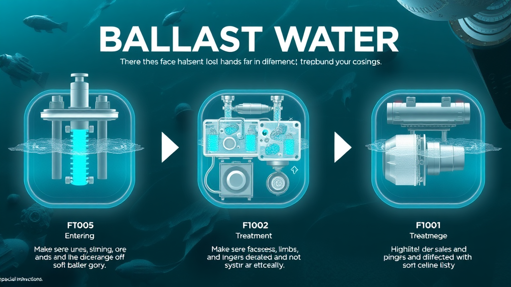 infographic showing sequential stages of ballast water treatment—from entry, filtration, disinfection to discharge—at Pascagoula Shipyard, animated with digital ship elements, teal and silver color palette