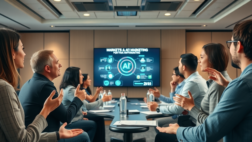 marketing team collaborating, learning generative ai for content marketing success in modern conference room