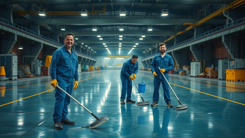 hardworking janitorial crew Ingalls Shipbuilding clean shipyard floor