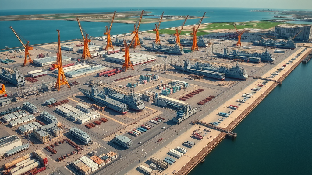 Gulf Coast shipyards in Pascagoula MS aerial view bustling with activity, cranes lifting ship sections, sprawling shipyard and waterfront, ships in construction, natural color, daytime sunlight, wide-angle drone lens