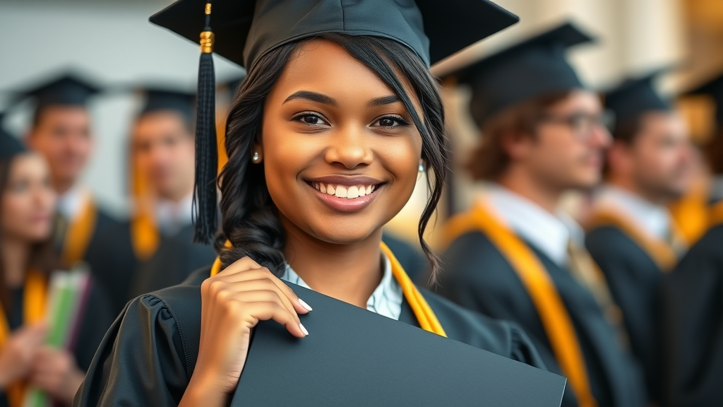 Confident female foster youth graduate holding diploma at university