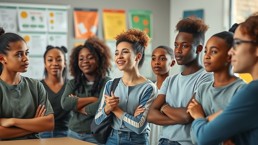 Empowering foster youth group listening attentively to mentor in classroom