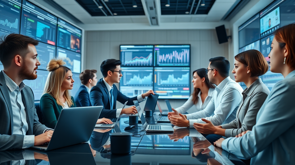 Sleek digital newsroom with publisher team analyzing digital dashboards.