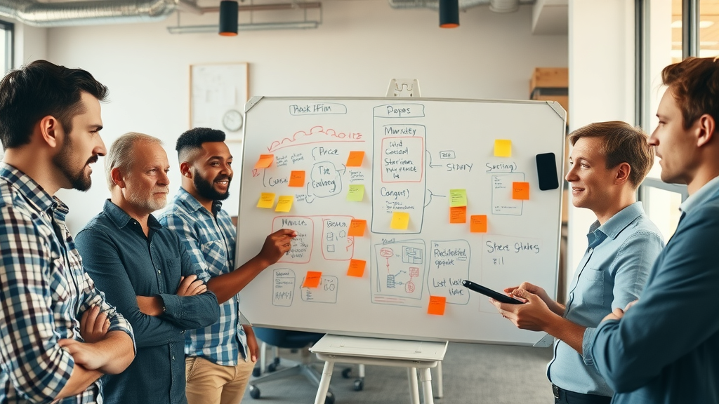 marketing team mapping out high-impact content marketing strategy on whiteboard, modern office