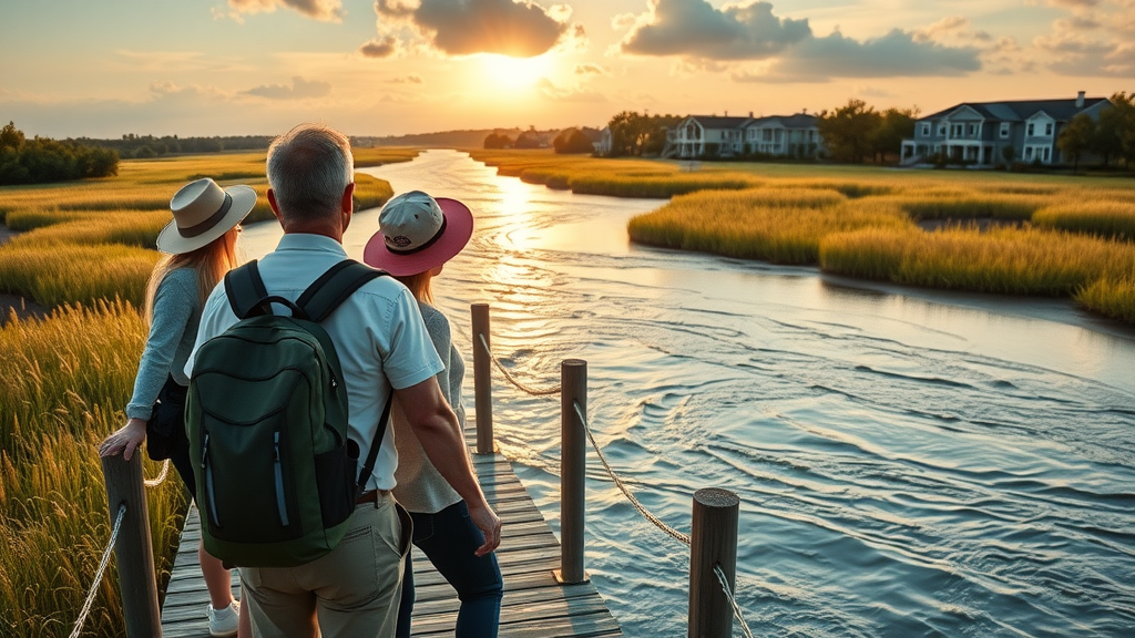 Travelers gazing over the Singing River of Pascagoula at golden hour, scenic wetlands, city in background, vibrant natural colors