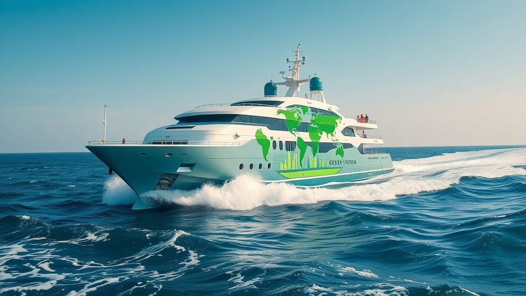 eco-friendly ship with AI-powered hydrodynamics and engineers analyzing data for sustainability benefits