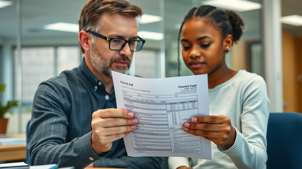 An administrator reviewing a financial aid document with a foster student, supporting educational decisions.