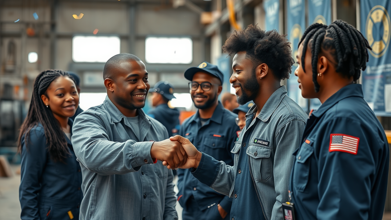 apprenticeship ceremony at Ingalls Shipbuilding, hopeful young adults and mentor handshake, community education initiative