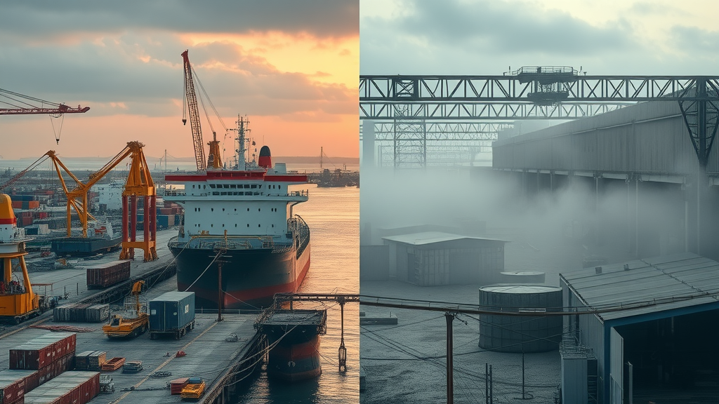 Modern active Asian shipyard contrasted with closed US shipyard highlighting shipbuilding crisis