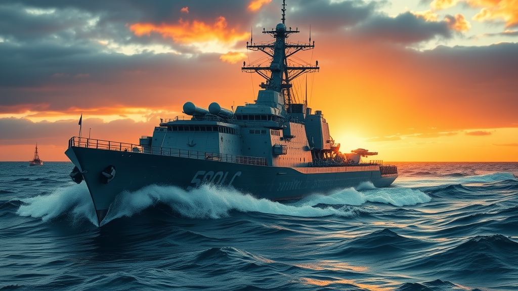 Futuristic guided missile destroyer DDG(X) at sea, surface combatant leading U.S. naval fleet at sunset, advanced missile arrays active