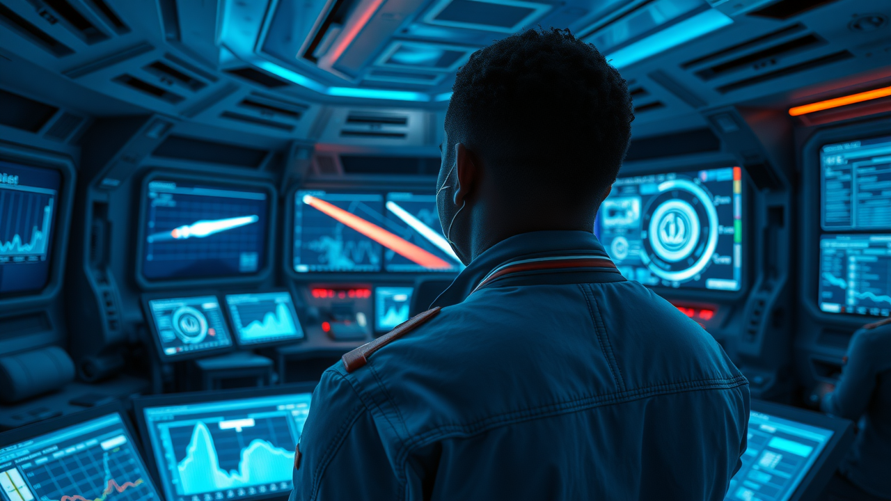 futuristic missile defense control room personnel analyzing digital screens holographic displays Pascagoula