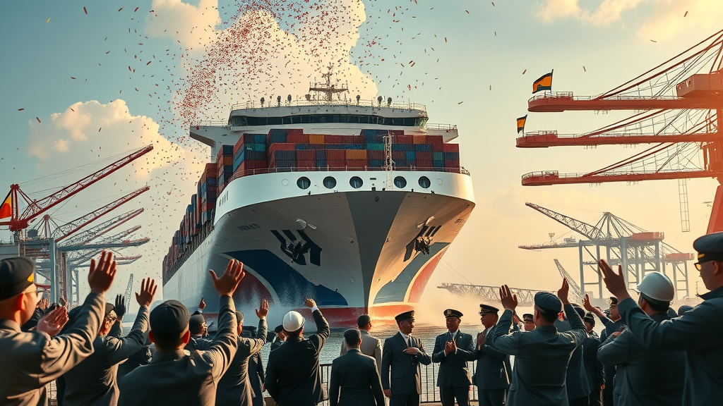 Modern ship launch in South Korea, a shipbuilding industrial powerhouse