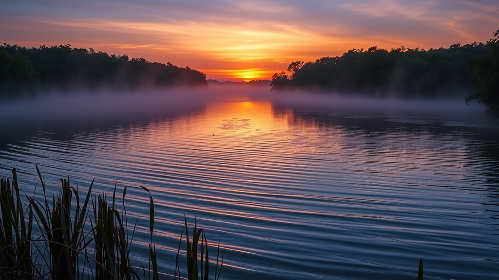 Mysterious singing river of pascagoula at dusk, tranquil waters reflecting violet and golden sunset with mist, cypress and Spanish moss, southern landscape
