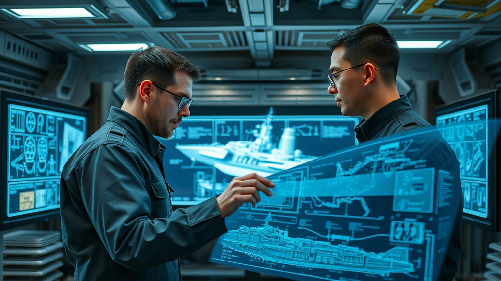Sophisticated engineering office reviewing large digital destroyer blueprints, Arleigh Burke III class standard-setting