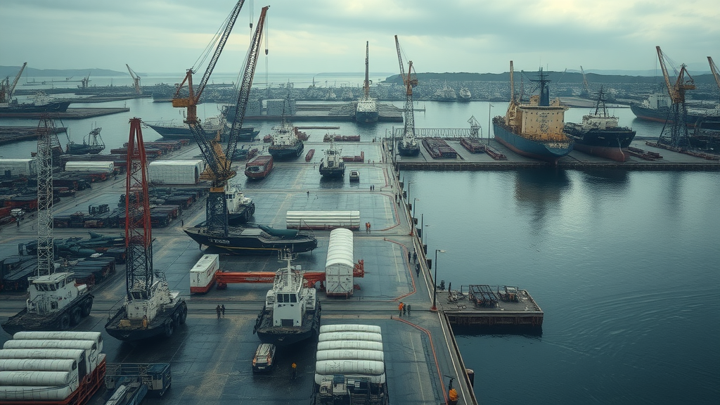 Aerial view of partially empty modern shipyard reflecting shipbuilding-in-crisis