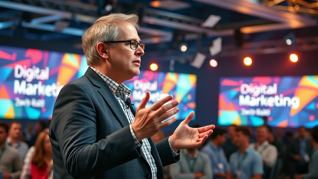 thought leader presenting content marketing tactics at industry conference with digital displays