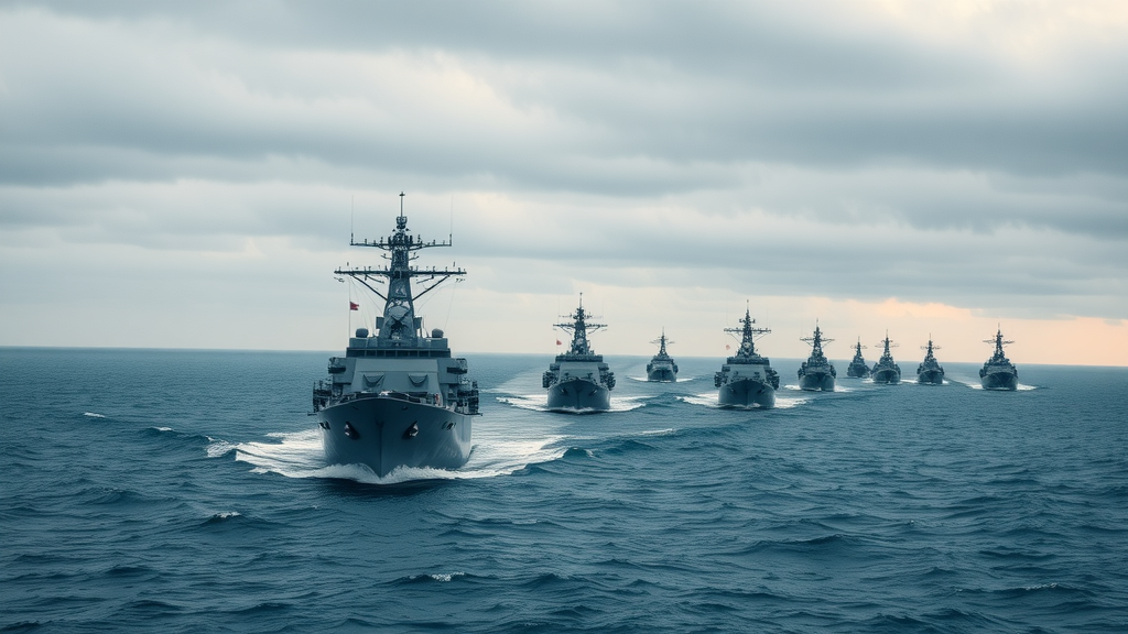 Strategic modern navy fleet formation led by the flagship ddg-129, USS Jeremiah Denton at sea