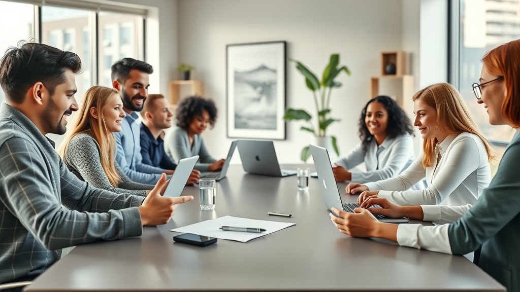 a group of professionals collaborating, discussing, sitting around a table with laptops, cinematic, modern conference room, highly detailed, animated discussions, neutral colors, soft lighting, shot with a wide-angle lens.