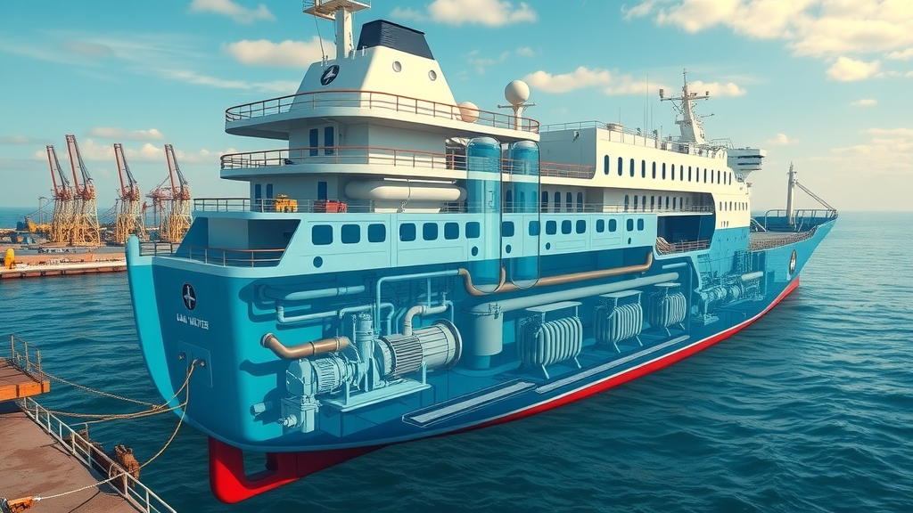 cutaway diagram of a ship’s ballast water management system with transparent hull view and water flow, highly detailed mechanical and filtration components at Pascagoula Shipyard