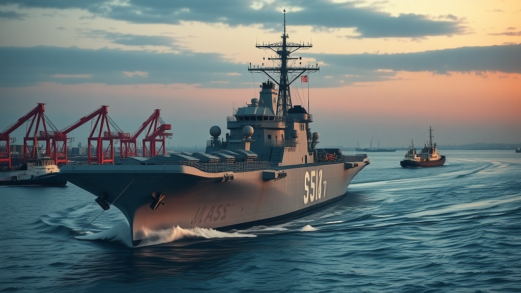USS John F. Kennedy being towed into port, Port of Brownsville, United States Navy, ship channel, tugboats, cranes, evening light