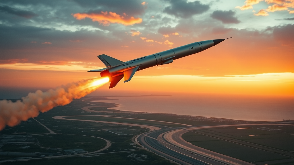 innovative missile intercept technology futuristic defensive missile launch modern Gulf Coast landscape sunset