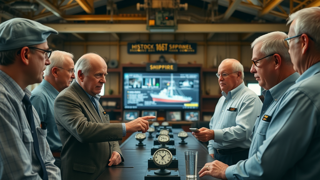 Historical shipyard boardroom meeting with experienced leaders and engineers from Newport News and Huntington Ingalls Shipbuilding discussing digital transformation, digital screens, ship models, and lively intergenerational dialogue