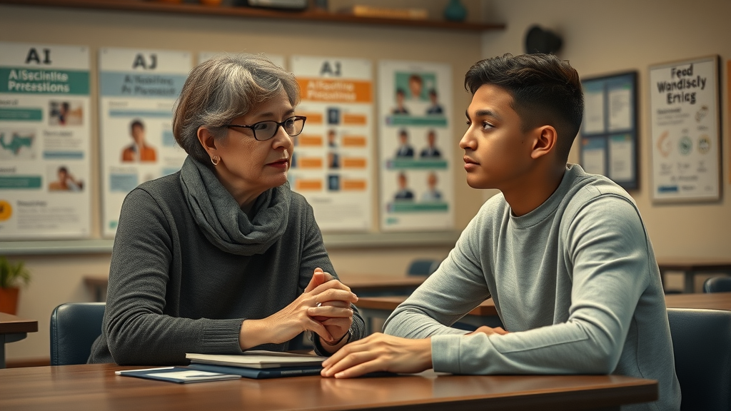 Educator and student in a Mississippi classroom discussing AI ethics, highlighting the human side of technology integration