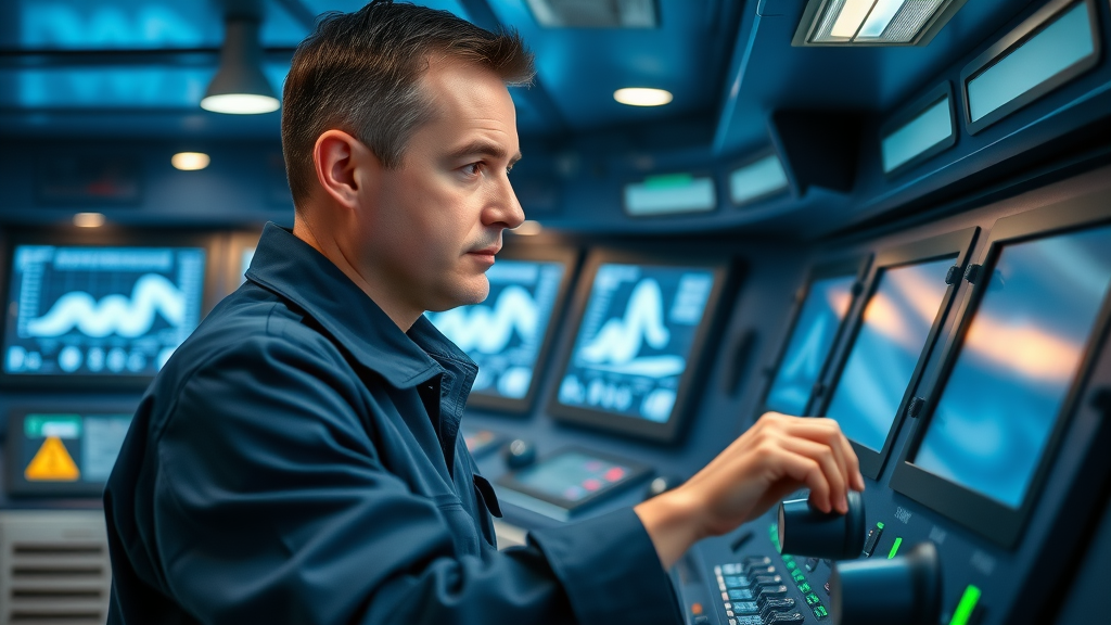 marine engineer operating advanced ballast water control panel inside modern ship’s control room, digital screens depicting water flow, navy blue and LED lighting at Pascagoula Shipyard