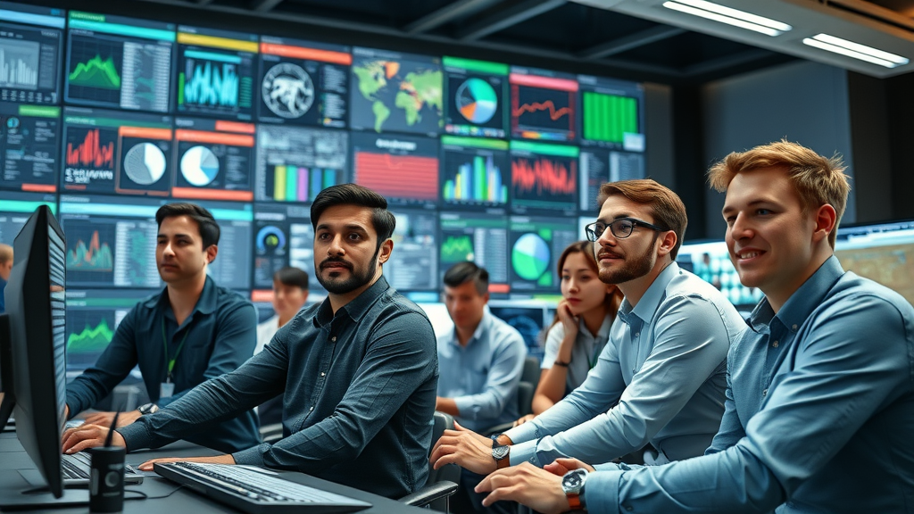 dynamic team of IT professionals monitoring AI workload on NVIDIA DGX SuperPOD, expressions of focus and excitement, actively working, photorealistic high fidelity lifelike, control center filled with digital dashboards and large interactive screens, highly detailed, high-tech interface effects, diverse team, bright environment, LED-lit, shot with a 35mm lens