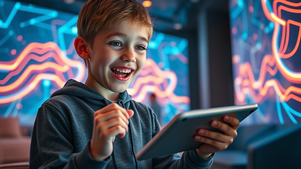 young creator exploring openart’s ai video interface on tablet, futuristic creative lounge with AI art, high fantasy