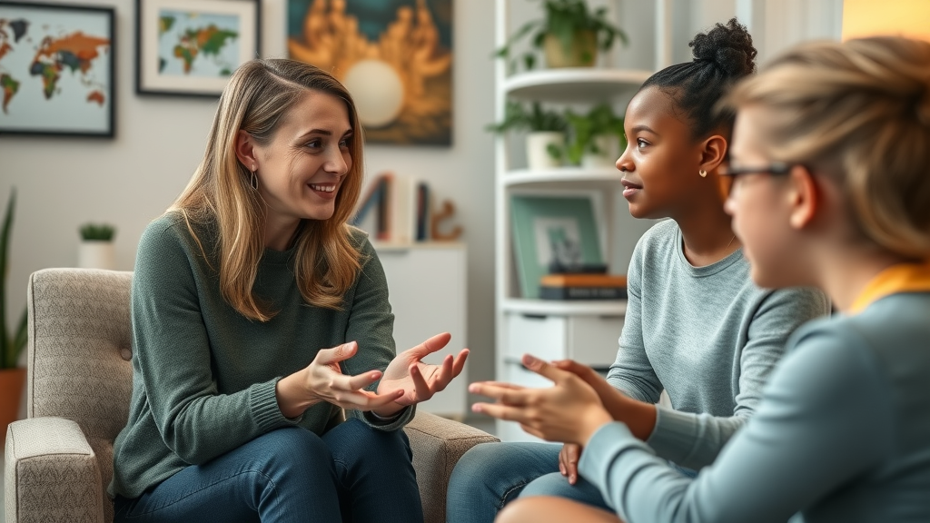 Counselor providing mental health support to foster youth in private office