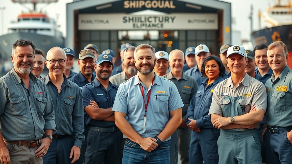 Diverse Ingalls shipyard employees at Pascagoula waterfront, smiling, gathered in front of ship hulls, uniforms, vibrant color, morning light