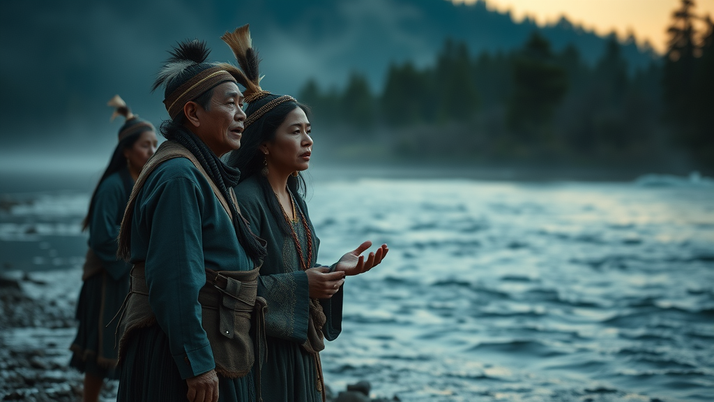 Indigenous people in traditional attire singing by the Pascagoula River at twilight, conveying the legend of the singing river