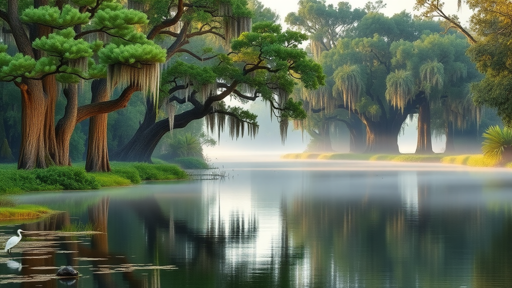 Majestic Pascagoula River landscape with lush cypress and Spanish moss, morning mist and southern wetland wildlife