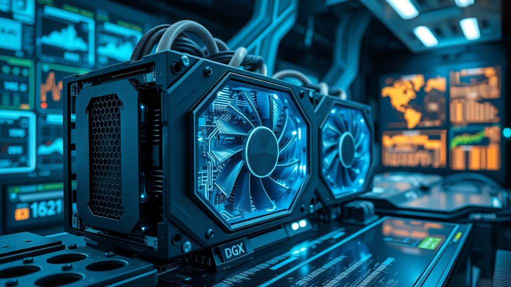 powerful NVIDIA DGX GPU exposed, intricate circuit board details, shimmering with electric currents, futuristic high-tech lab environment with digital readouts in background, highly detailed, holographic overlays showing data flow, electric blue, luminous accent lighting, macro lens