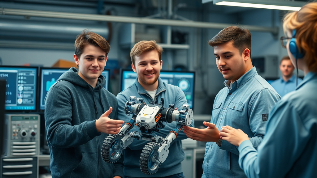 High school students presenting a robotics project to shipyard engineers, highlighting AI-powered model collaboration in Pascagoula