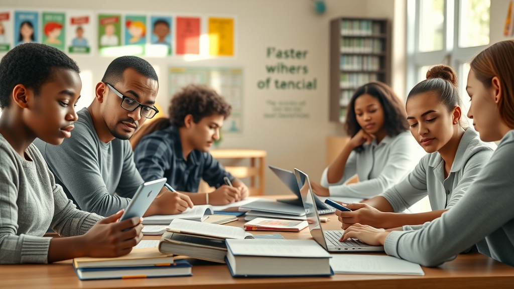 a group of diverse foster youth studying together, focused and engaged, in a bright classroom, showcasing educational barriers foster youth.