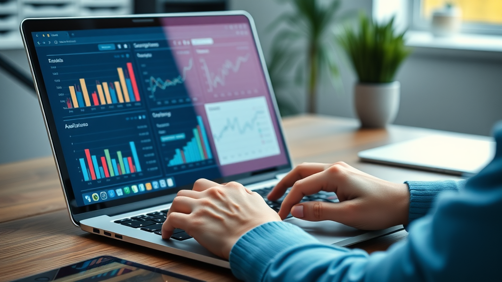 open laptop displaying analytics dashboard for content marketing campaigns, rising metrics