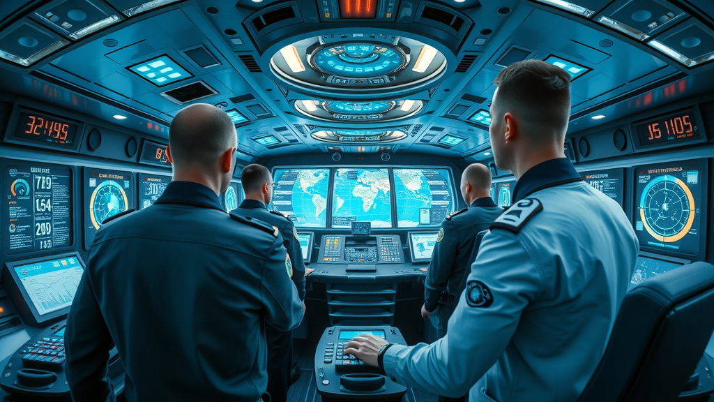 Futuristic ship command center with digital panels and radar, ddg-129 build and sea trials advanced technology