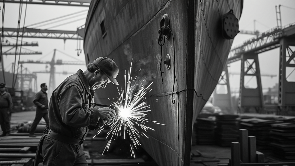 Historic U.S. shipyard workers welding, echoing shipbuilding crisis history