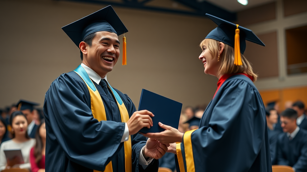 AI program graduate celebrating at Gulf Coast Community College with diploma, shaking hands with director in modern auditorium