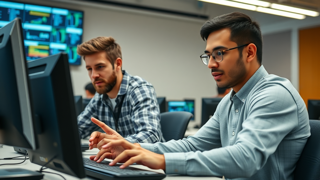 Adult learners engaging with AI-powered computers at Gulf Coast Community College, collaborative coding and data analysis in a modern training room