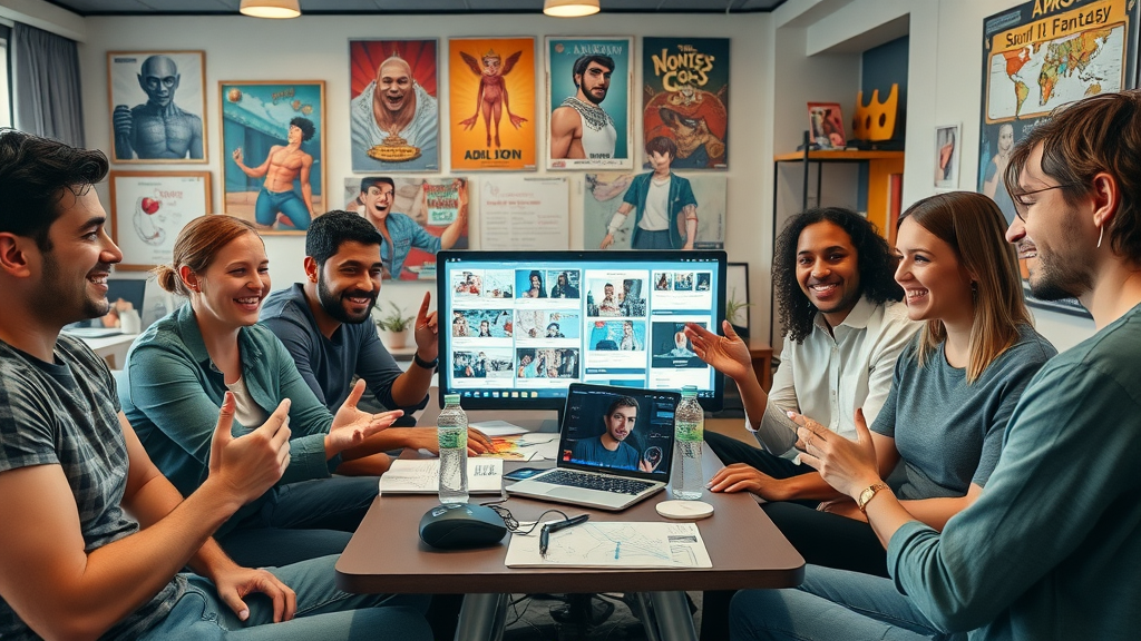 Diverse creators brainstorming with AI-generated video storyboards, collaborative studio, lively discussion