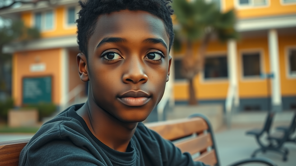 a thoughtful foster youth reflecting on their educational journey, with a backdrop of a school, encapsulating the challenges faced in education.