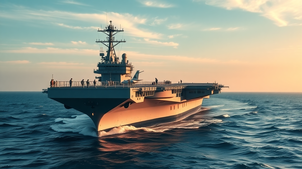 majestic aircraft carrier John F. Kennedy, imposing, cutting through ocean waves, United States Navy, flight deck, sailors working on deck, Newport News Shipbuilding, steel gray and navy blue, golden hour