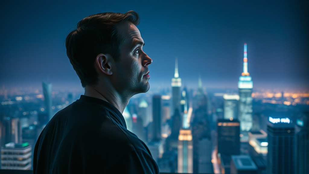 Visionary person gazing thoughtfully at immersive video worlds, cityscape blending digital and real elements—symbolizing the compelling call to engage with the video future now.