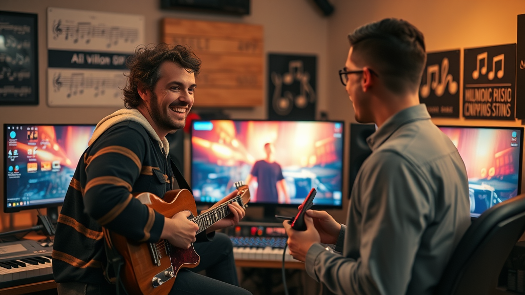 musician and filmmaker enjoying AI music video, reviewing vibrant AI-generated display, cozy digital studio