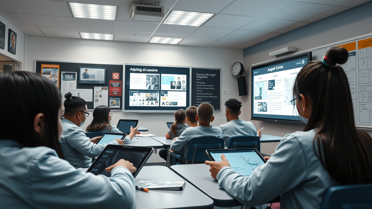 modern classroom in Moss Point High School, students using tablets and interactive AI-powered smartboard, Mississippi